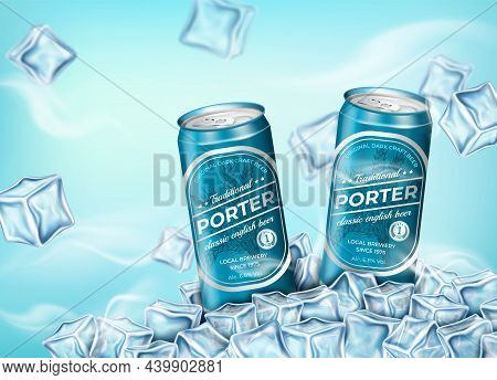 Realistic Detailed 3d Aluminum Can Beer In Frozen Ice Cubes Ads Banner Concept Poster Card. Vector I