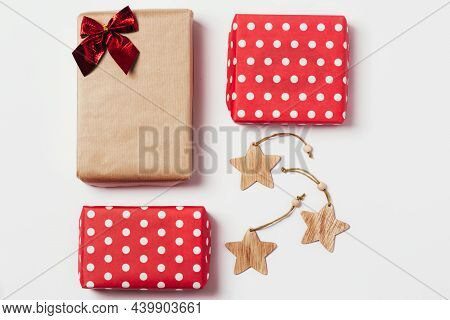 Christmas Composition. Gifts, Christmas Wooden Stars. Layout For The Holiday. Top View, Flat Lay
