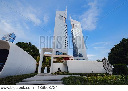 Dubai, Uae 19 February 2021: Dubai City Downtown Walk. Twin Towers, Dubai, Designed By Norr Group Co