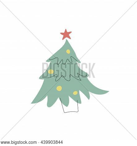 Christmas Tree With Decoration. Flat And Line. Doodle. Vector Illustration