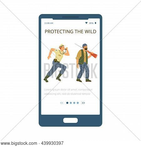 Onboarding Mobile Page With Ranger Chases A Poacher, Flat Vector Illustration.