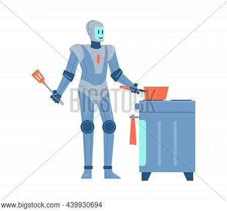 Household Robot Helper Cooking Food, Flat Vector Illustration Isolated.