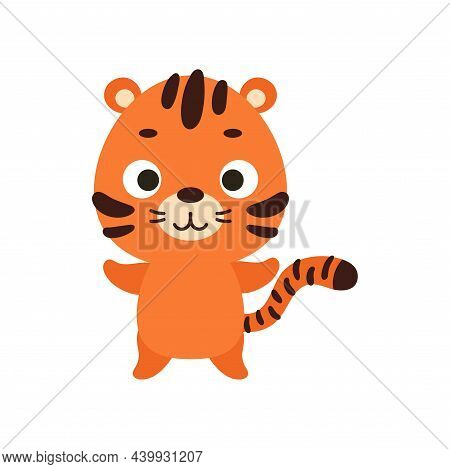 Cute Little Tiger On White Background. Cartoon Animal Character For Kids Cards, Baby Shower, Invitat