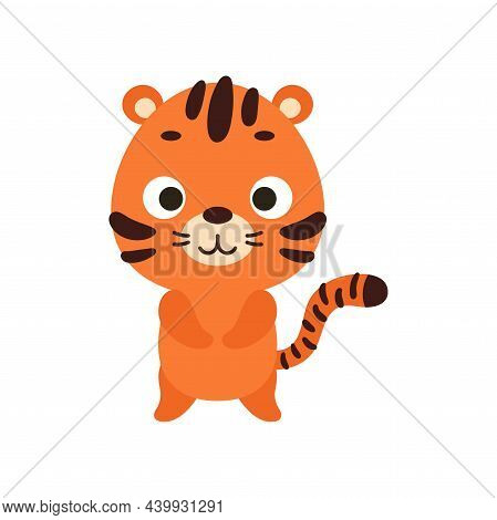 Cute Little Tiger On White Background. Cartoon Animal Character For Kids Cards, Baby Shower, Invitat
