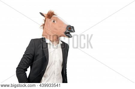 Hardworking Employee. Employee In Horse Head Mask. Professional Man As Workhorse