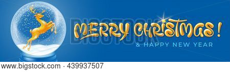 Merry Christmas And Happy New Year Greeting Banner Template. Luminous Magic Snow Globe With Jumping 