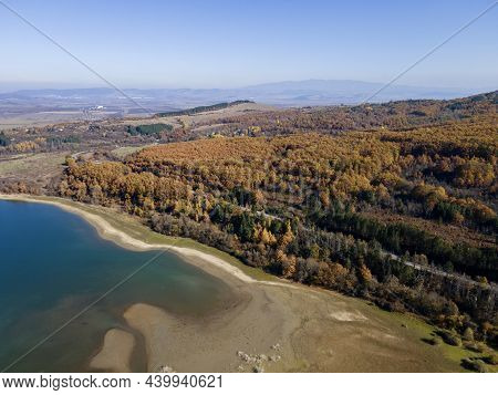 Aerial Autumn View Of Izvor Reservoir At Konyavska Mountain, Pernik Region, Bulgaria