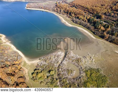 Aerial Autumn View Of Izvor Reservoir At Konyavska Mountain, Pernik Region, Bulgaria
