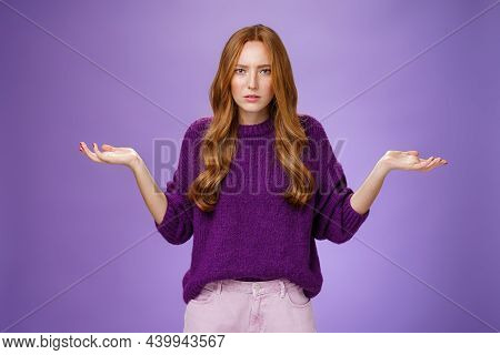 What Your Problem. Frustrated, Confused And Annoyed Redhead Girlfriend Arguing Cannot Get Clue Why B