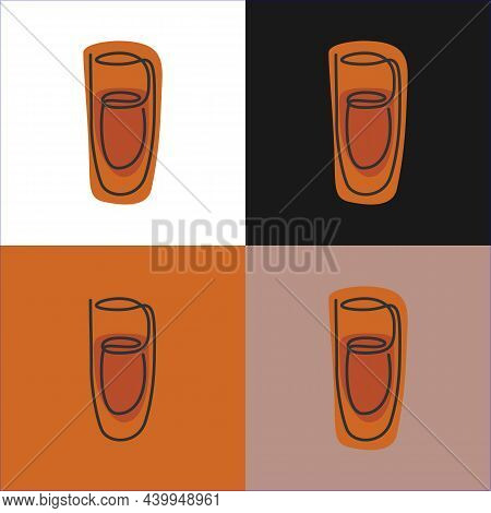 One Line Drawing Rum Glass On Various Background. Four Types Of Images. Colored Cartoon Graphic Sket