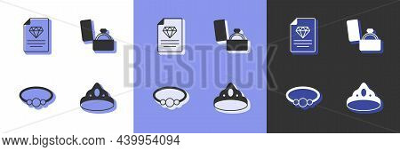Set King Crown, Certificate Of The Diamond, Bracelet Jewelry And Diamond Engagement Ring Box Icon. V