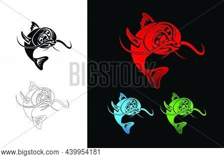 A Set Of Angry Catfish Vector Logo In Red, Blue And Green Color Combo