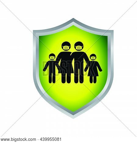 A Silver Shield With Family Wearing Medical Mouth Mask Icon Inside
