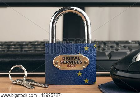Digital Services Act (dsa) Concept: Lock With European Union Flag Near To A Computer.