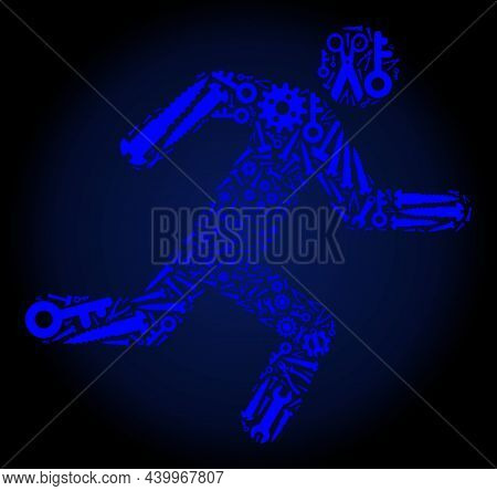 Repair Service Running Man Mosaic Of Service Tools On A Dark Blue Gradient Background. Vector Runnin