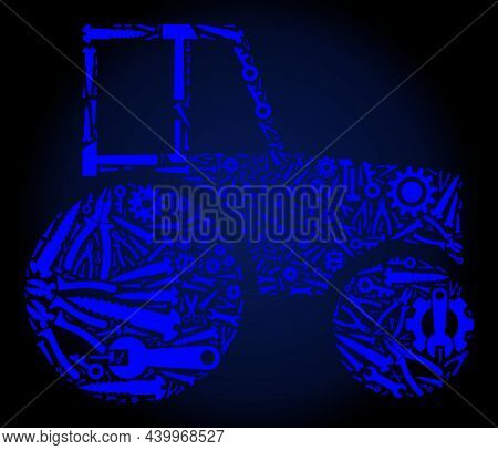 Service Wheeled Tractor Composition Of Tools On A Dark Blue Gradient Background. Vector Wheeled Trac