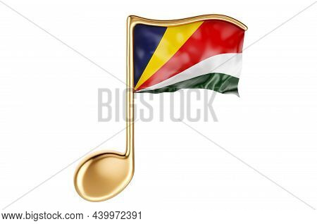 Musical Note With Seychelloise Flag. Music In Seychelles, Concept. 3d Rendering Isolated On White Ba