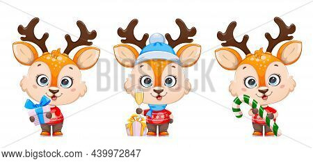 Cute Baby Deer. Cheerful Little Reindeer Cartoon Character, Set Of Three Poses. Merry Christmas And 