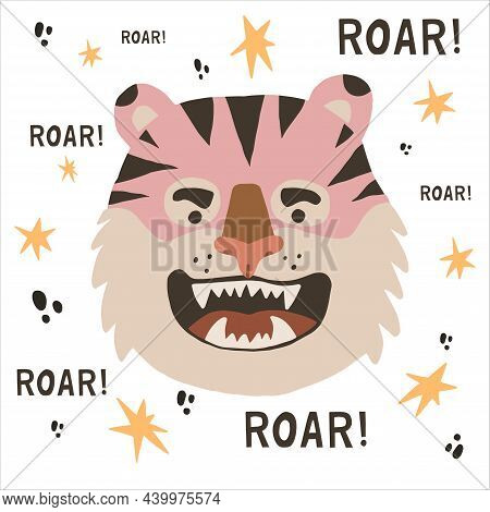 Roaring Tiger And Stars Hand Drawn Vector Illustration