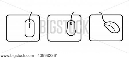 Computer Mouse On A Mouse Pad. Vector Line Icon Set. Black Outline Isolated On A White Background.
