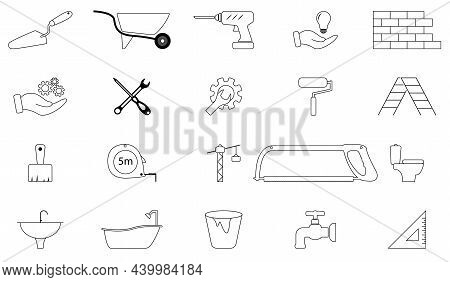 Construction And Repairs Icons Set. Contains Construction Icons, Construction Tools And Home Safety.