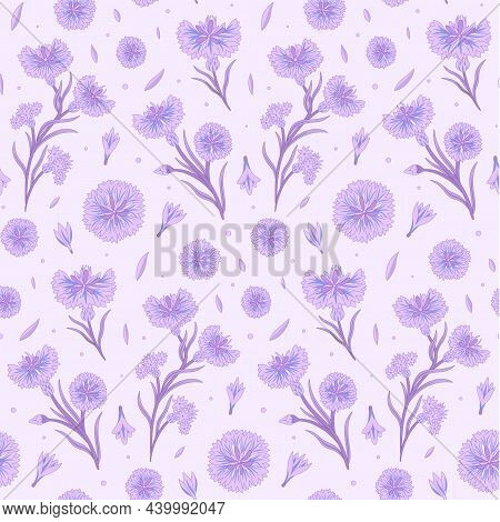 Corn Purple Flower Vector Seamless Pattern Design. Awesome For Spring Summer Vintage Fabric, Textile