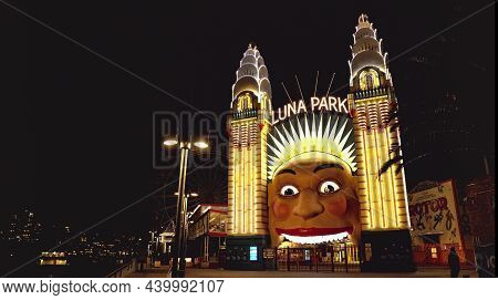 Sydney, Australia - April, 29, 2021: A Night View Of Luna Park On The Northern Shore Of Sydney Harbo