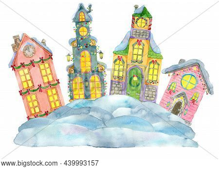 Watercolor Illustration With Neautiful Christmas Houses In Lights And Snow Isolated On White. Winter
