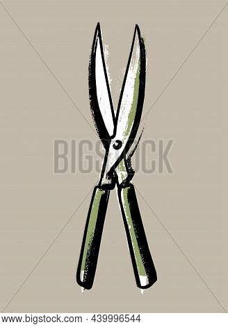 Garden Scissors For Knots With A Long Blade. Illustration In The Style Of A Careless Sketch.