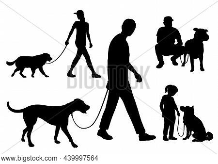 Set Of People Walking Their Dogs On Leashes. Vector Silhouette Illustration Isolated On A White Back