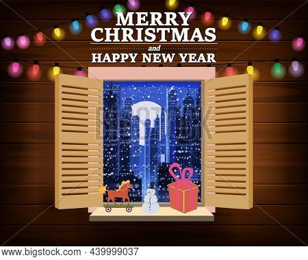 Merry Chrismas Window, Night, Decoraions Garland Retro, View From The Window To The Night Cityscape,