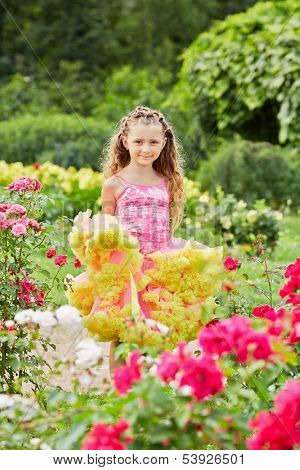 Little girl dressed in gown with puffy hem stands on sunny lawn among flowers