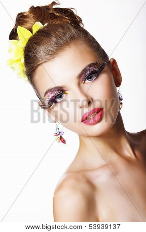 Tendency. Futurism. Showy  Fashion Model With Long Eyelashes