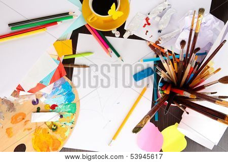 Workplace of artist close-up