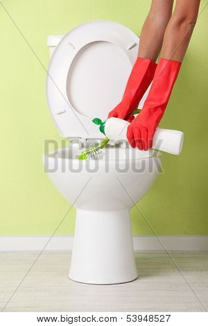 Woman hand with spray bottle cleaning a toilet bowl in a bathroom