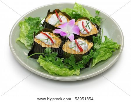 hor mok, thai food, steamed fish curry custard in banana leaf