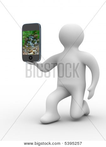 คนและโทรศัพท์ ภาพ 3D แยกต่างหาก