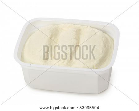Curd in plastic container isolated on white background