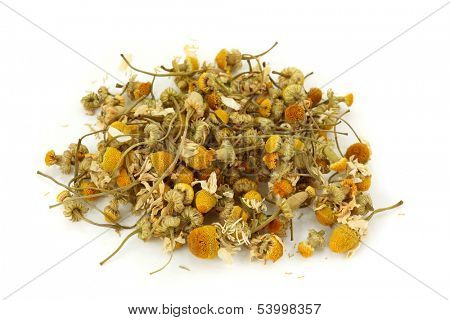 Dried chamomile tea isolated on white background