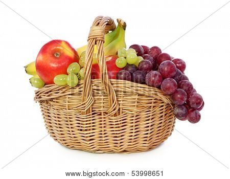 Fruits in basket isolated on white background.