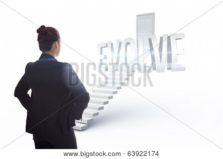 The word evolve and businesswoman with hands on hips against white steps leading to closed door