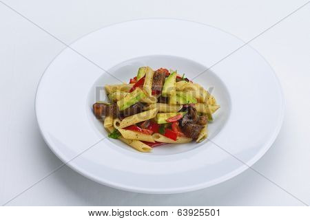 Pasta with shrimps, herbs and mashrooms isolated on white background in studio