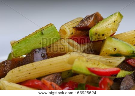Pasta with shrimps, herbs and mashrooms isolated on white background in studio