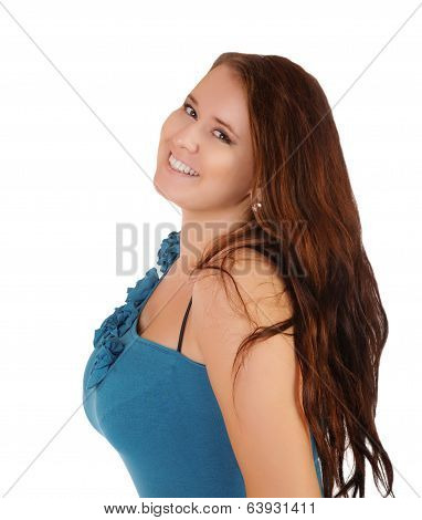 The Smiling Girl With The Big Breast On A White Background