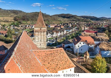 Aerial view of Mosna Vilage and church tower