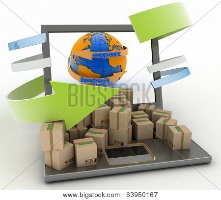 Import and export arrow around earth for business. Concept of online goods orders worldwide. 3d illustration on white background