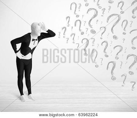 3d human character is body suit morphsuit looking at hand drawn question marks