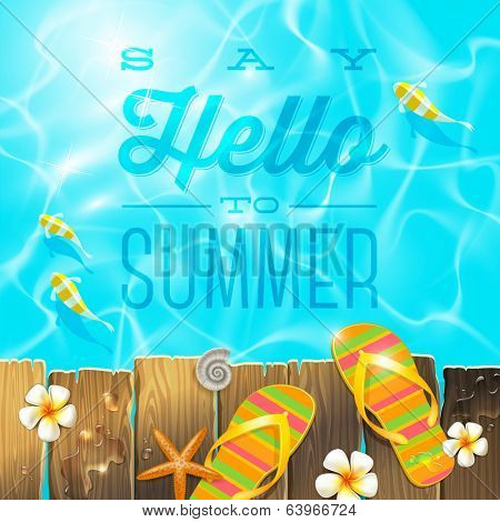 Flip-flop on old wooden plank platform over Azure water with tropical fishes - vector illustration with summer holidays greeting