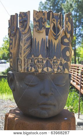 Kings Head statue by artist Clayton Thiel at public art walk in town of Yountville