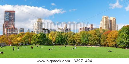 New York City Manhattan skyline panorama viewed from Central Park with cloud and blue sky and people in lawn. 